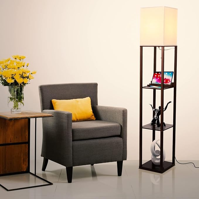 Brightech Maxwell Charger - Modern Shelf Floor Lamp with USB Charging Ports & Electric Outlet - Corner Display Floor Lamps with Shelves for Living Room, Bedroom and Office - Havana Brown - LeafyLoom
