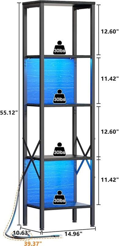 Furologee 5 Tier Book Shelf with LED Light, Tall Display Bookcase with Back, Narrow Industrial Standing Shelving Units, Metal and Wooden Storage Rack for Bedroom, Living Room, Office, Black Oak - LeafyLoom