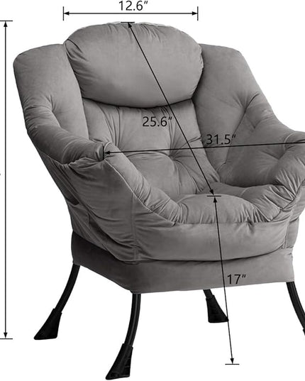 AbocoFur Modern Velvet Fabric Lazy Chair, Accent Contemporary Lounge Chair, Single Steel Frame Leisure Sofa Chair with Armrests and A Side Pocket, Thick Padded Back, Smoky Grey - LeafyLoom