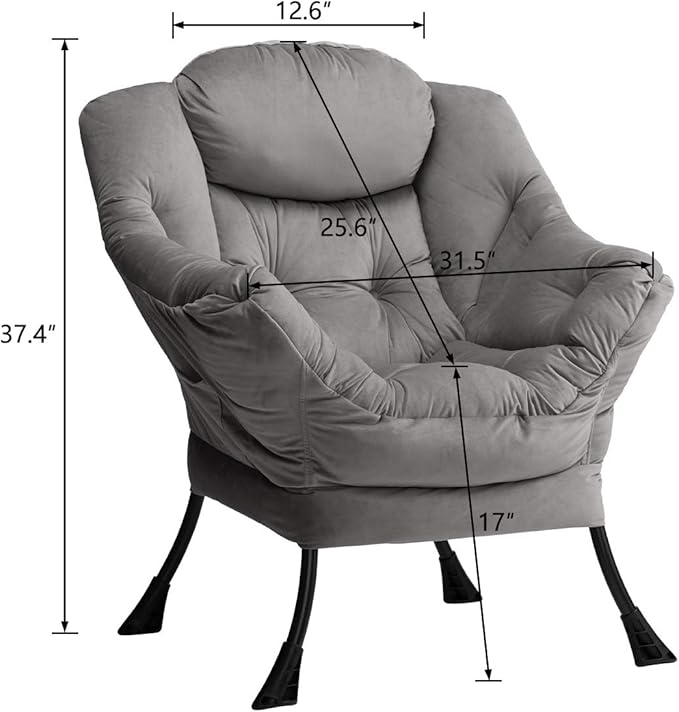 AbocoFur Modern Velvet Fabric Lazy Chair, Accent Contemporary Lounge Chair, Single Steel Frame Leisure Sofa Chair with Armrests and A Side Pocket, Thick Padded Back, Smoky Grey - LeafyLoom