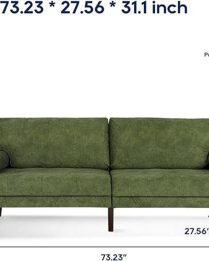 Vonanda Velvet Sofa Couch, Mid Century Modern Craftsmanship 73 inch 3-Seater Sofa with Comfy Tufted Back Cushions and 2 Bolster Pillows for Compact Living Room, Elegant Mustard Green - LeafyLoom