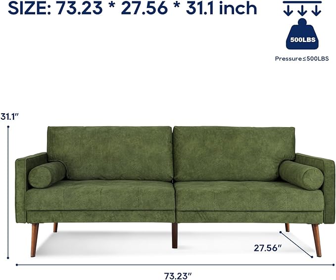 Vonanda Velvet Sofa Couch, Mid Century Modern Craftsmanship 73 inch 3-Seater Sofa with Comfy Tufted Back Cushions and 2 Bolster Pillows for Compact Living Room, Elegant Mustard Green - LeafyLoom