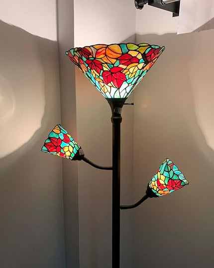 Bieye L10884 Maple Tree Leaves Tiffany Style Stained Glass Torchiere Floor Lamp with Sidelights for Reading Home Decor, 70-inches Tall (Maple Leaf, Red) - LeafyLoom