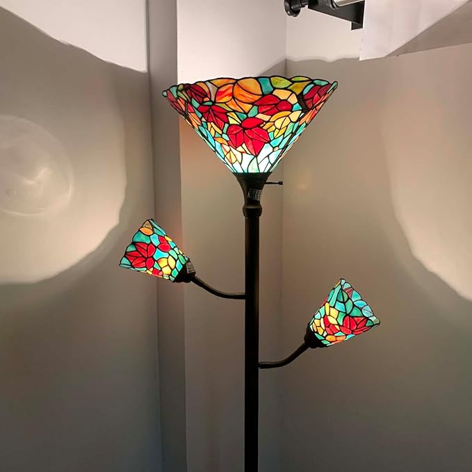 Bieye L10884 Maple Tree Leaves Tiffany Style Stained Glass Torchiere Floor Lamp with Sidelights for Reading Home Decor, 70-inches Tall (Maple Leaf, Red) - LeafyLoom
