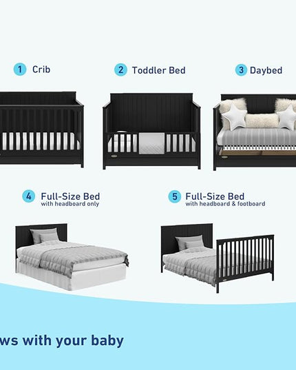 Graco Hadley 5-in-1 Convertible Crib with Drawer (Black) – Combo, Includes Full-Size Nursery Storage, Converts from Baby Crib to Toddler Bed, Daybed - LeafyLoom