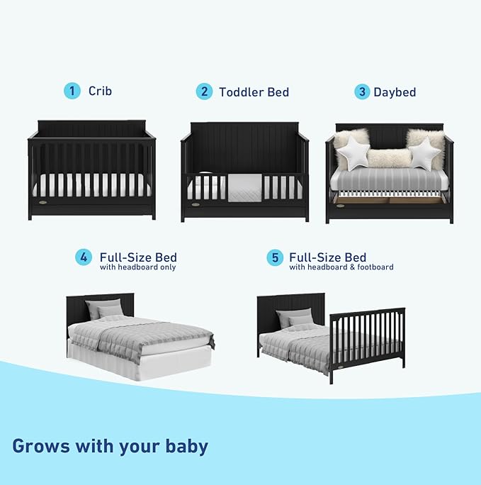 Graco Hadley 5-in-1 Convertible Crib with Drawer (Black) – Combo, Includes Full-Size Nursery Storage, Converts from Baby Crib to Toddler Bed, Daybed - LeafyLoom