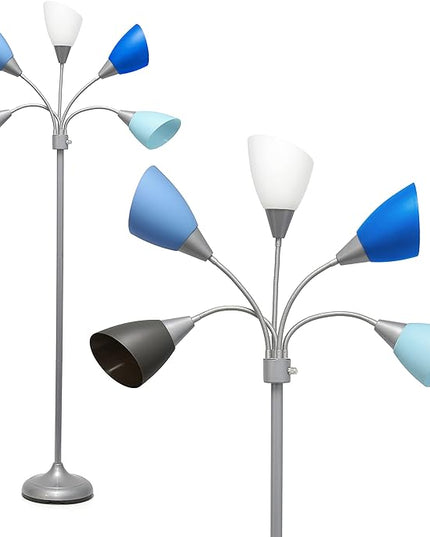 Simple Designs LF2006-SBG 67" Contemporary Multi Head Medusa 5 Light Adjustable Gooseneck Silver Floor Lamp with Blue, White, Gray Shades for Kids Bedroom Playroom Living Room Office - LeafyLoom