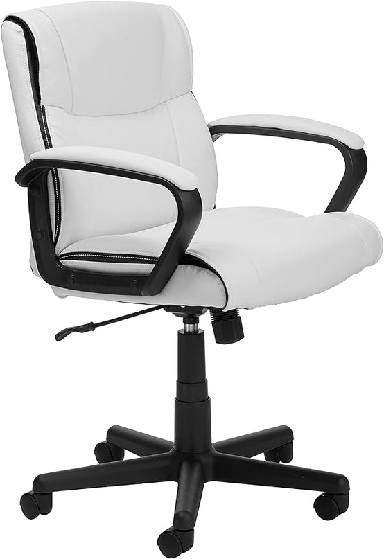 Amazon Basics Office Computer Task Desk Chair with Padded Armrests, Mid-Back, Adjustable, 360 Swivel, Rolling, 275 Pound Capacity, 24.2"D x 24"W x 38.6"H, BIFMA Certified, White Faux Leather - LeafyLoom