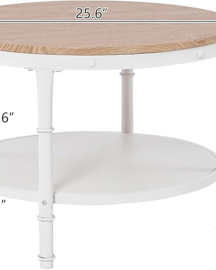 VINGLI 25.6" Natural White Round Farmhouse Coffee Table, 2-Tier Storage Wood Center Circle Accent Table for Living Room, Bedroom, Apartment, Studio and Small Spaces, Sturdy Metal Frame, Natural Color - LeafyLoom