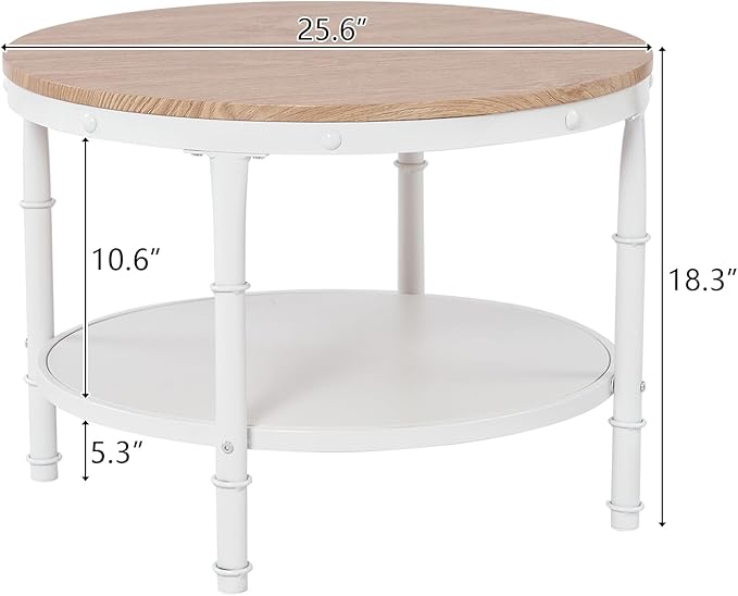 VINGLI 25.6" Natural White Round Farmhouse Coffee Table, 2-Tier Storage Wood Center Circle Accent Table for Living Room, Bedroom, Apartment, Studio and Small Spaces, Sturdy Metal Frame, Natural Color - LeafyLoom