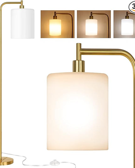 QiMH Floor Lamps for Living Room, Modern LED Standing Reading Light for Bedroom with Glass Shade, Tall Gold Industrial 3 Colors Dimmable Pole Lamp with Foot Control for Home Office Corner Decor - LeafyLoom