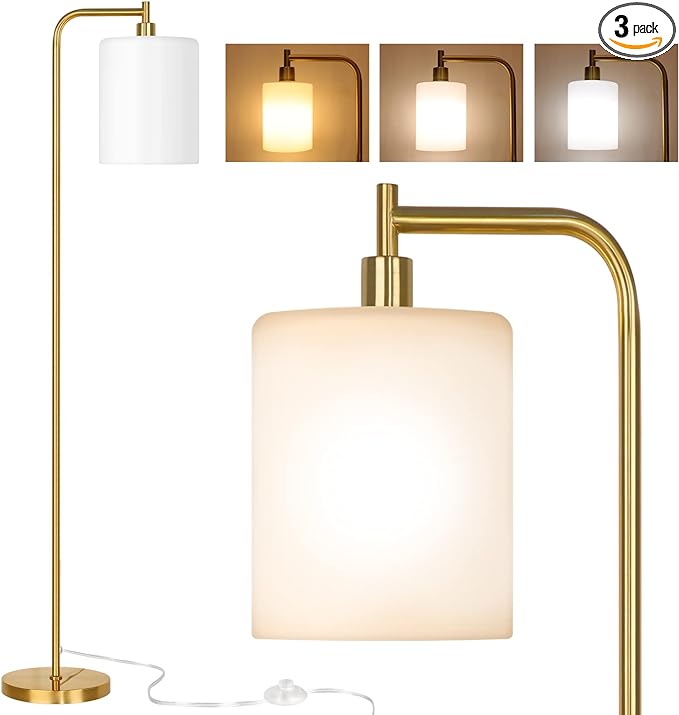 QiMH Floor Lamps for Living Room, Modern LED Standing Reading Light for Bedroom with Glass Shade, Tall Gold Industrial 3 Colors Dimmable Pole Lamp with Foot Control for Home Office Corner Decor - LeafyLoom