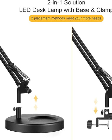 Desk Lamps for Home Office, 2-in-1 LED Desk Lamp, 3-Section Long Arm Desk Light with Clamp and Base, Adjustable Table Lamp with 3 Colors Modes, 10 Dimmer Levels and Memory Function - LeafyLoom