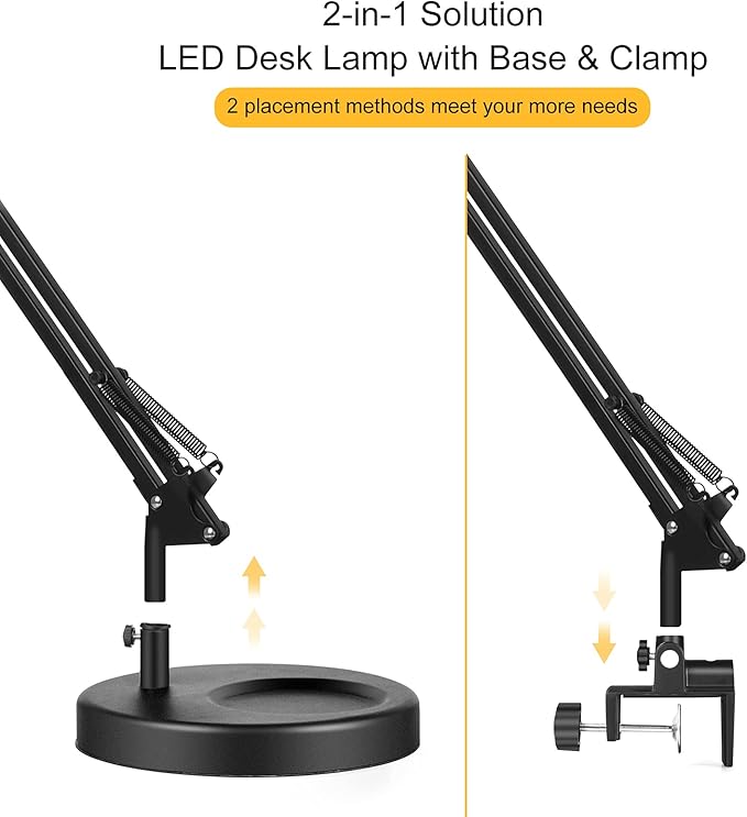 Desk Lamps for Home Office, 2-in-1 LED Desk Lamp, 3-Section Long Arm Desk Light with Clamp and Base, Adjustable Table Lamp with 3 Colors Modes, 10 Dimmer Levels and Memory Function - LeafyLoom