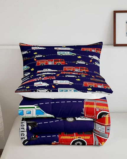 Fire Truck Bedding Bed Set Police Car Comforter Set for Kids Boys Girls Teens Youth Decor Engine Ambulance Cute Comforter Emergency Vehicle Blue Soft Quilt Set Room 3Pcs King Size - LeafyLoom