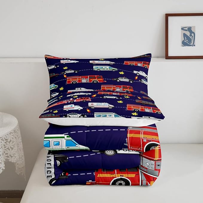 Fire Truck Bedding Bed Set Police Car Comforter Set for Kids Boys Girls Teens Youth Decor Engine Ambulance Cute Comforter Emergency Vehicle Blue Soft Quilt Set Room 3Pcs King Size - LeafyLoom