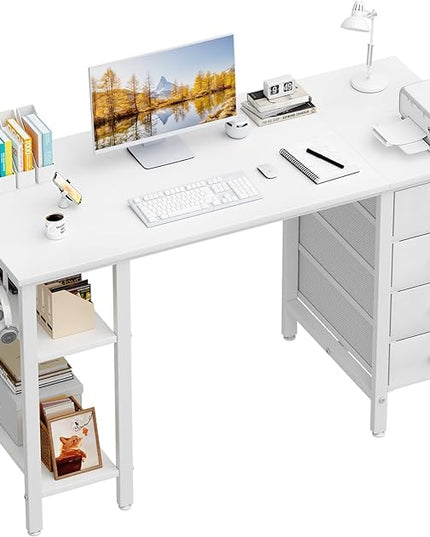 Lufeiya White Computer Desk with Drawers & Storage Shelves, 47 Inch Study Work Writing Desk for Home Office Bedroom, Simple Modern Cute PC Desks Table, White - LeafyLoom