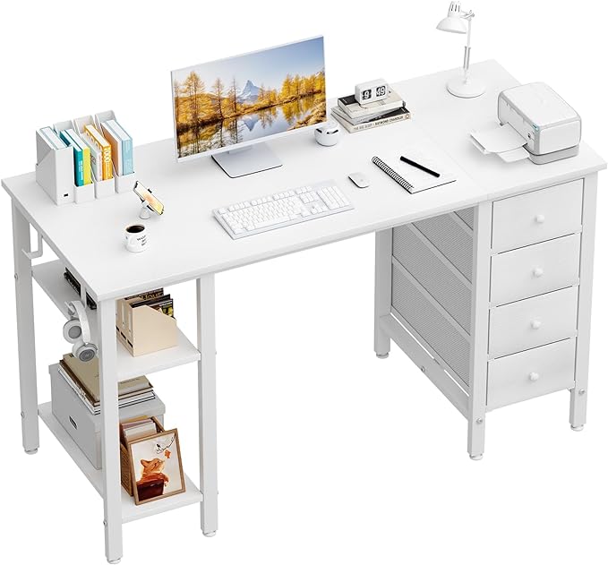 Lufeiya White Computer Desk with Drawers & Storage Shelves, 47 Inch Study Work Writing Desk for Home Office Bedroom, Simple Modern Cute PC Desks Table, White - LeafyLoom