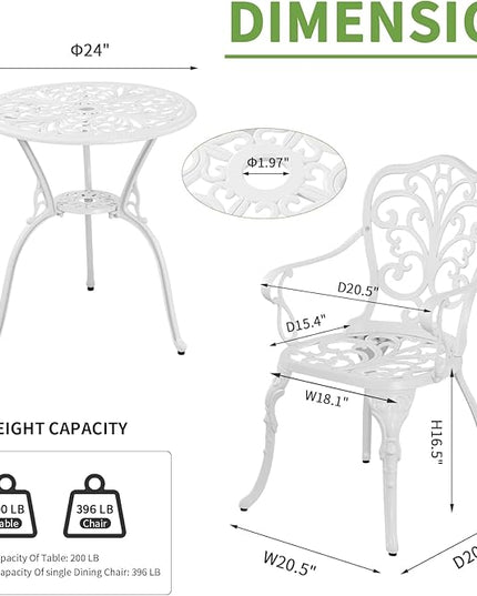 Patio Bistro Sets 3 Piece,Cast Aluminum Bistro Table and Chairs Set of 2 with 1.97" Umbrella Hole,All Weather Bistro Table Set Outdoor Patio Furniture for Garden,Yard(Butterfly White) - LeafyLoom