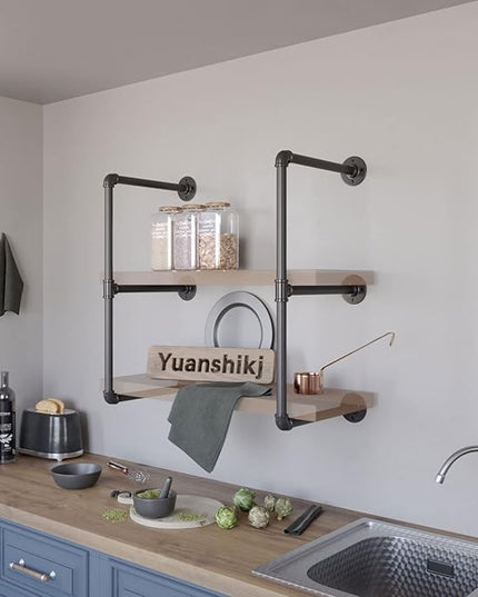 Yuanshikj 2Pc (28" Tall,12" deep,3/4") Industrial Wall Mount Iron Pipe Shelf Shelves Shelving Bracket Black DIY Bookshelf Storage Office Room Kitchen (2 Pcs 3Tier Hardware Only) - LeafyLoom