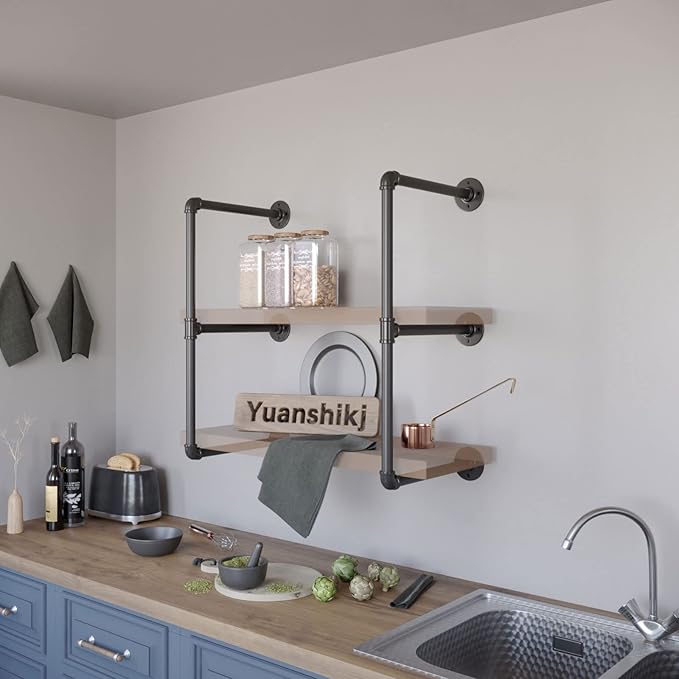 Yuanshikj 2Pc (28" Tall,12" deep,3/4") Industrial Wall Mount Iron Pipe Shelf Shelves Shelving Bracket Black DIY Bookshelf Storage Office Room Kitchen (2 Pcs 3Tier Hardware Only) - LeafyLoom