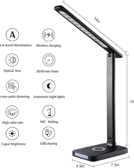 VAVOFO LED Desk Lamp with Fast Charger, USB Charging Port, Desk Light for Home Office with 5 Brightness Levels, Touch Control, 30/60 min Auto Timer, Eye-Caring Dimmable Table Lamp with Adapter - LeafyLoom