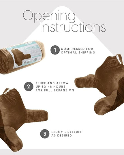 Milliard Reading Pillow with Shredded Memory Foam, Large Adult Backrest with Arms, Back Support for Sitting Up in Bed with Washable Cover (Sit up Pillow) Brown - LeafyLoom
