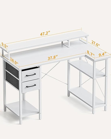 CubiCubi L Shaped Computer Desk with Monitor Stand & Shelves, 47 Inch Corner Home Office Desk Writing Table with Storage Drawer, White - LeafyLoom