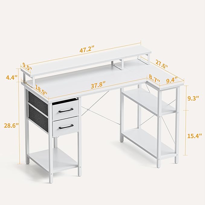 CubiCubi L Shaped Computer Desk with Monitor Stand & Shelves, 47 Inch Corner Home Office Desk Writing Table with Storage Drawer, White - LeafyLoom