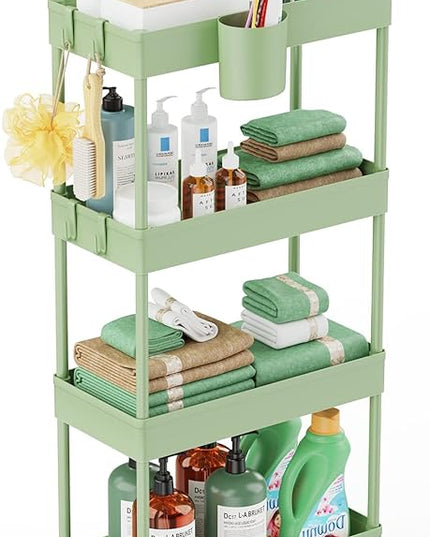 LEHOM Slim Rolling Storage Cart - 4 Tiers Bathroom Organizer Utility Cart Slide Out Storage Shelves Mobile Shelving Unit for Kitchen, Bedroom, Office, Laundry Room, Small Narrow Spaces, Green - LeafyLoom