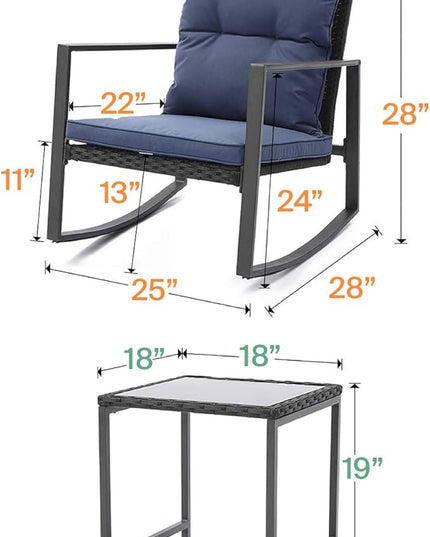 3 Piece Rocking Bistro Set - Synthetic Wicker Outdoor Furniture - Glass Coffee Table with 2 Chairs for Balcony, Patio & Porch - Black Metal, Soft Cushions (Green) - LeafyLoom