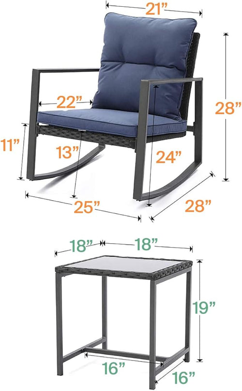 3 Piece Rocking Bistro Set - Synthetic Wicker Outdoor Furniture - Glass Coffee Table with 2 Chairs for Balcony, Patio & Porch - Black Metal, Soft Cushions (Green) - LeafyLoom