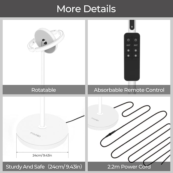 FIMEI Floor Lamp for Living Room, Saturn Ring Original Design, LED Bright Rotatable Modern Floor Lamp, Stepless Dimming and 3 Color Temperatures, Touch/Remote Control, for Bedroom Office, White - LeafyLoom