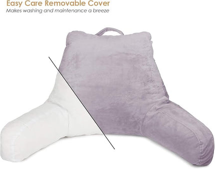 Clara Clark Reading Pillow, Standard Back Pillow for Sitting Up in Bed, Memory Foam Back Support Pillow, Reading Pillows for Sitting in Bed, Grey Lavender Sit Up Pillow for Bed Arm Pillow with Pockets - LeafyLoom