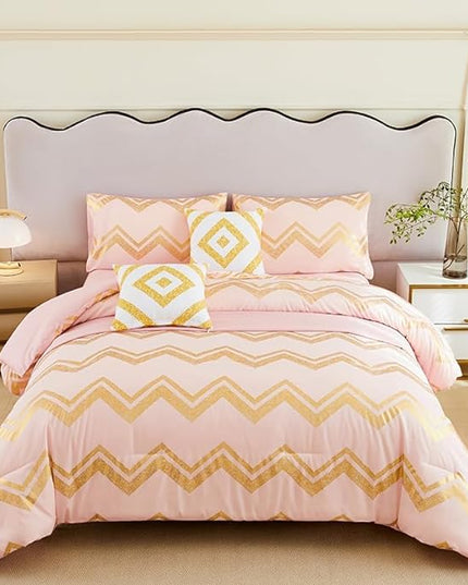 7PCS Rose Gold and Pink Bedding Set,Pink Comforter Set Full Size,Rose Gold Bedding Set Full,Bed in A Bag Full for Teen Girls Women,Bedroom Decoration Full Pink/Rose Gold - LeafyLoom