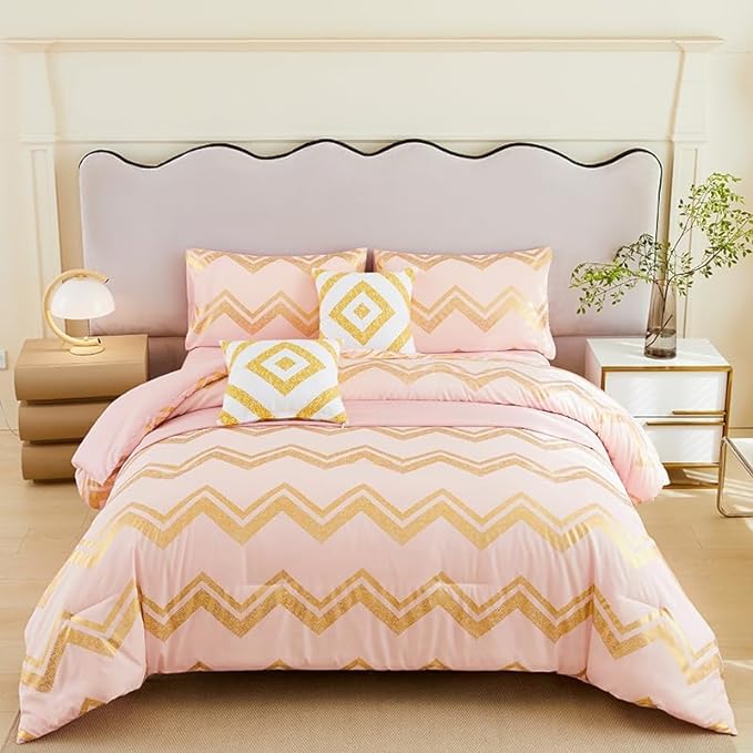 7PCS Gold and Pink Comforter Set,Pink Comforter Queen,Metallic Blush and Rose Gold Pink Bedding Set Queen,Bed in A Bag Queen for Teen Girls Women,Bedroom Decoration Queen Pink/Rose Gold - LeafyLoom