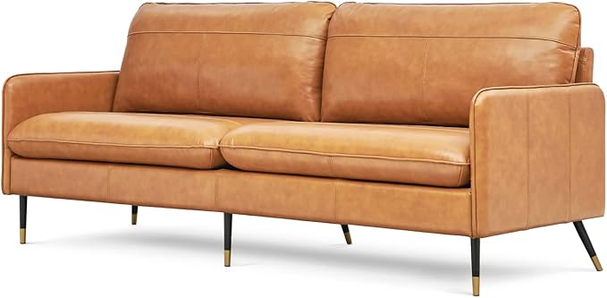 67" Genuine Leather Sofa, Top-Grain 2 Seater Loveseat Couch, Mid-Century Modern Upholstered Sofa for Living Room Bedroom Apartment Office, Cognac Tan - LeafyLoom