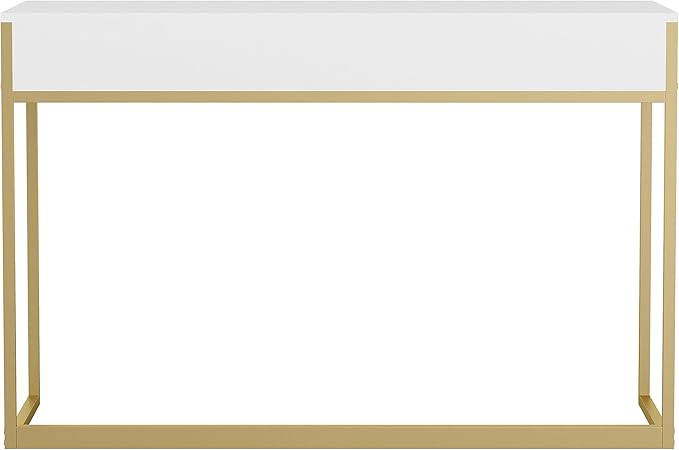 Martha Stewart Ollie Home Office Desk with 3 Drawers in White with Polished Brass Hardware - LeafyLoom