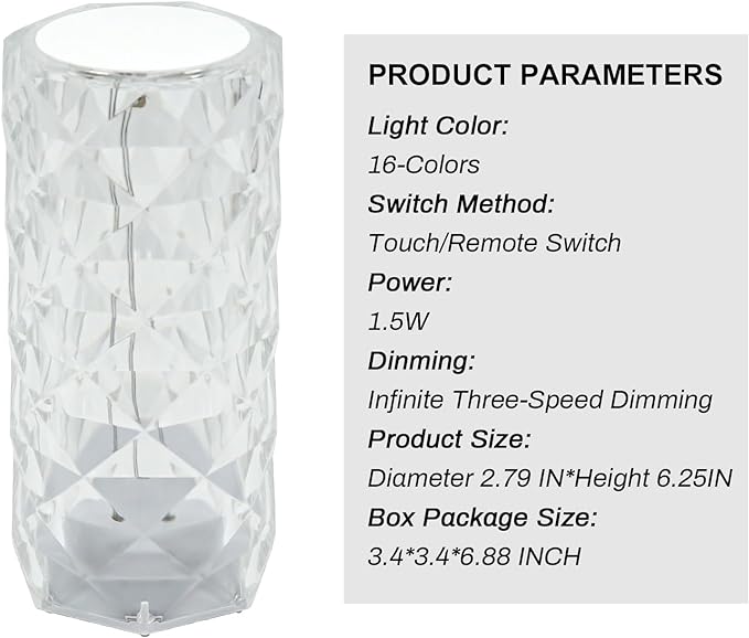 Rose Touch Lamp RGB Night Light, USB Rechargeable Touch Remote Control Crystal Light for Bedroom Living Room Home Decor Colorful Decorative Lights - LeafyLoom