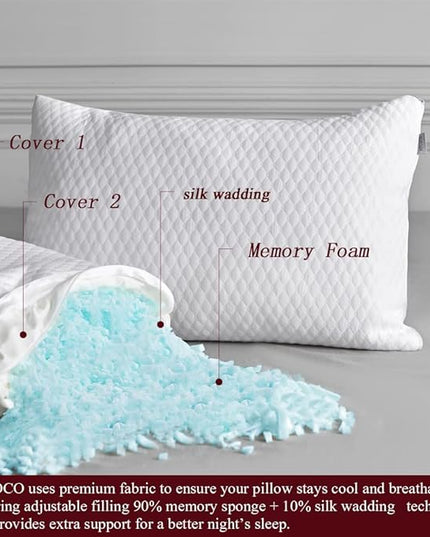 Pillow, Shredded Memory Foam Bed Pillows for Sleeping, with Washable Removable Cooling Hypoallergenic Sleep Pillow for Back and Side Sleeper, King (1-Pack) - LeafyLoom
