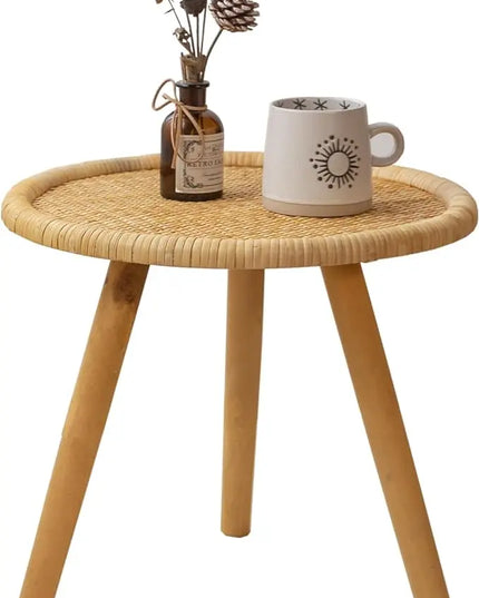 Rattan Round Coffee Table, Boho Circle Side Table End Table for Living Room, Small Mid Century Accent Table for Bedroom Balcony - LeafyLoom