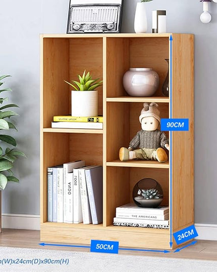 IOTXY Open Shelf Low Bookcase - Wooden 3-Tier Floor Standing Display Cabinet Organizer with Base, 5 Cubes Short Horizontal Bookshelf in Pear Yellow - LeafyLoom