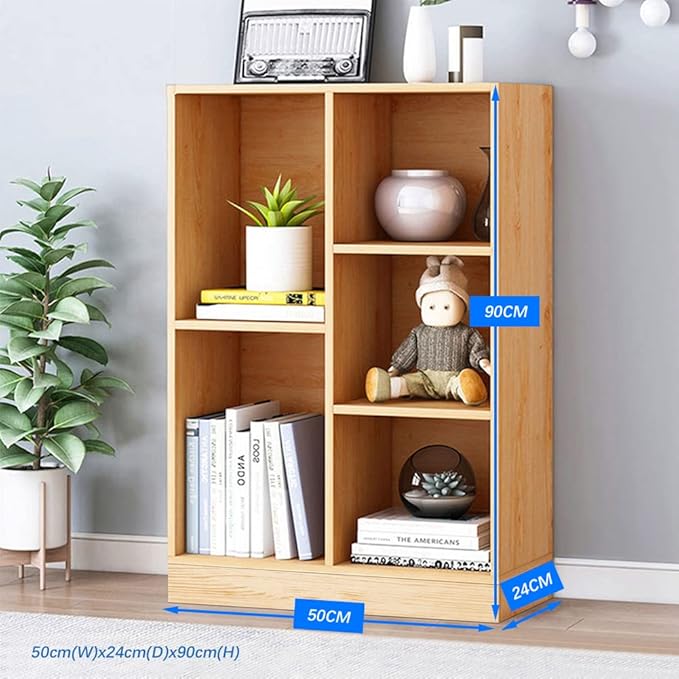 IOTXY Open Shelf Low Bookcase - Wooden 3-Tier Floor Standing Display Cabinet Organizer with Base, 5 Cubes Short Horizontal Bookshelf in Pear Yellow - LeafyLoom