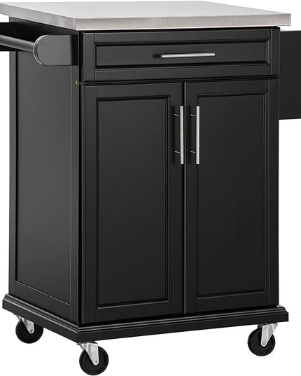 HOMCOM Kitchen Island on Wheels, Rolling Kitchen Cart with Stainless Steel Countertop, Drawer, Towel Rack and Spice Rack, Utility Storage Trolley, Black - LeafyLoom