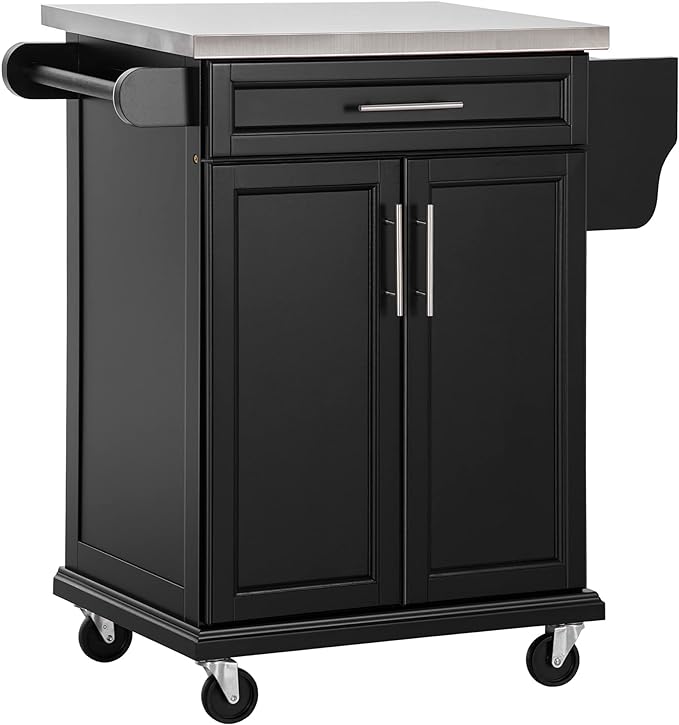 HOMCOM Kitchen Island on Wheels, Rolling Kitchen Cart with Stainless Steel Countertop, Drawer, Towel Rack and Spice Rack, Utility Storage Trolley, Black - LeafyLoom