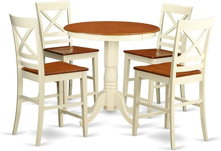 East West Furniture EDQU5-WHI-W Eden 5 Piece Kitchen Counter Set Includes a Round Room Table with Pedestal and 4 Dining Chairs, 30x30 Inch, Buttermilk & Cherry - LeafyLoom