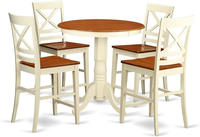 East West Furniture EDQU5-WHI-W Eden 5 Piece Kitchen Counter Set Includes a Round Room Table with Pedestal and 4 Dining Chairs, 30x30 Inch, Buttermilk & Cherry - LeafyLoom