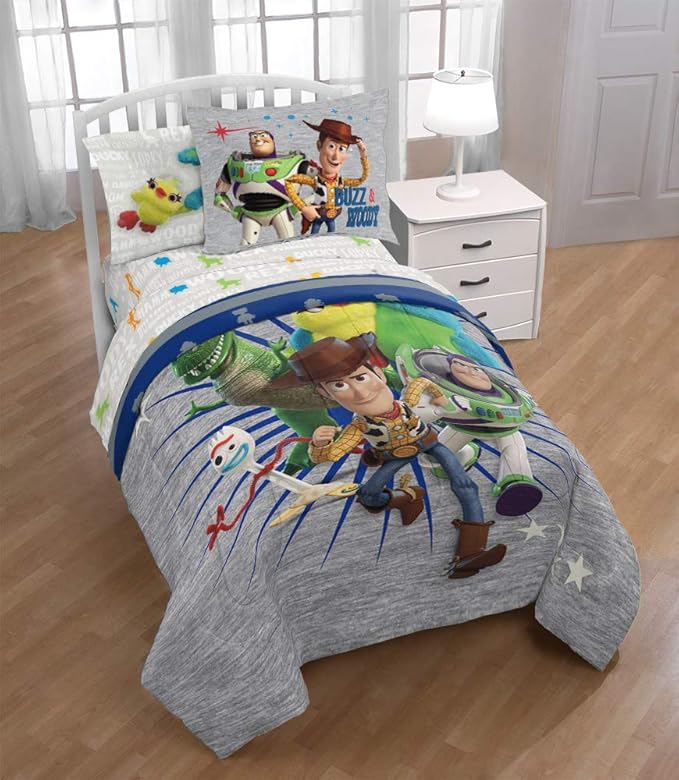 Jay Franco Disney Pixar Story 4 All The Twin/Full Comforter & Sham Set - Super Soft Kids Reversible Bedding Features Woody & Buzz Lightyear - Fade Resistant Microfiber(Official Disney Pixar Product) - LeafyLoom