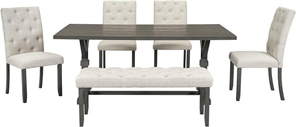 Piece Wood Rectangular Dining Set for 6, includes 1 Table with Cross-Legged Trestle Base, 4 Upholstered High Back Chairs & 1 Bench, Farmhouse Style, Gray, 72" L x 42" W x 30" H - LeafyLoom