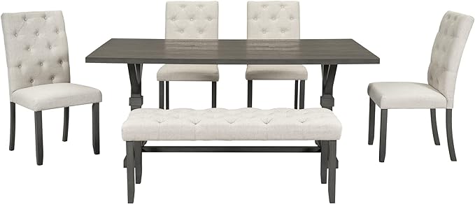 Piece Wood Rectangular Dining Set for 6, includes 1 Table with Cross-Legged Trestle Base, 4 Upholstered High Back Chairs & 1 Bench, Farmhouse Style, Gray, 72" L x 42" W x 30" H - LeafyLoom